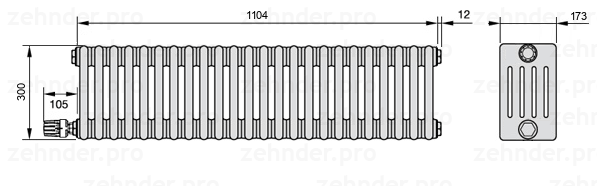 Схема (чертеж) Радиатор Zehnder Charleston 5030/24 №V003 Белый глянцевый RAL 9016